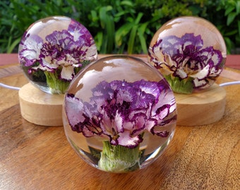 Purple Carnation Resin Sphere with Light Base | Handmade Resin Craft with Real Carnation Inside - Home Décor Night Light, Accent Lighting