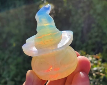 Opalite Pumpkin with Witch Hat - Confidence, Boost Inner Power, Stabilizing - Crystal Pumpkin Carving Healing Gemstones