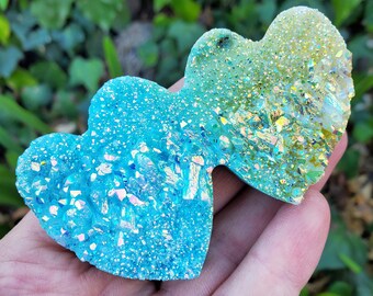 Aura Quartz Cluster Double Heart - Counteracts Negative, Energizes Positive Energy - Rainbow Cluster Heart Healing Stone Crystals Gemstones