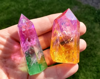 Aura Crackle Quartz Towers - Counteracts Negative, Energizes Positive Energy - Aura Quartz Point Crystal Healing Gemstones