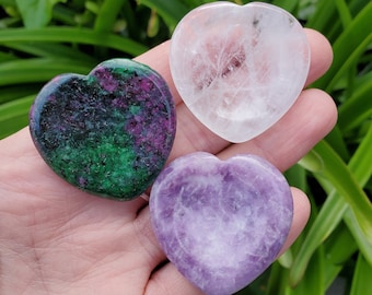 Heart Crystal Worry Stone Trio - Lepidolite, Ruby Zoisite and Clear Quartz - Crystal Heart Worry Palm Crystal Healing Gemstone Set