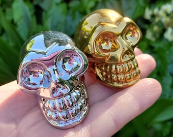 Small Gold Skull or Silver Skull - Helps Release Anger and Negativity - 3D Glass Crystal Carving Halloween Decor, Spooky Scary Skeleton