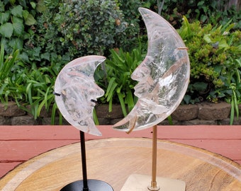 Quartz Moonface Moon on Stand - Counteracts the Negative, Energizes Positive Energy - Clear Quartz Moon Carving Healing Stone Statement