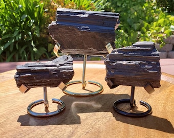 Raw Black Tourmaline with Stand - Energetic Protection, Grounding, Deflects Negativity - Tourmaline Healing Crystals Gemstone