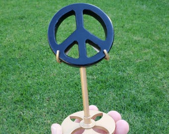 Obsidian Peace Sign on Gold Stand - Self Reflection, Release Negativity, Increase Positivity - Crystal Peace & Love Carving Crystal Gemstone