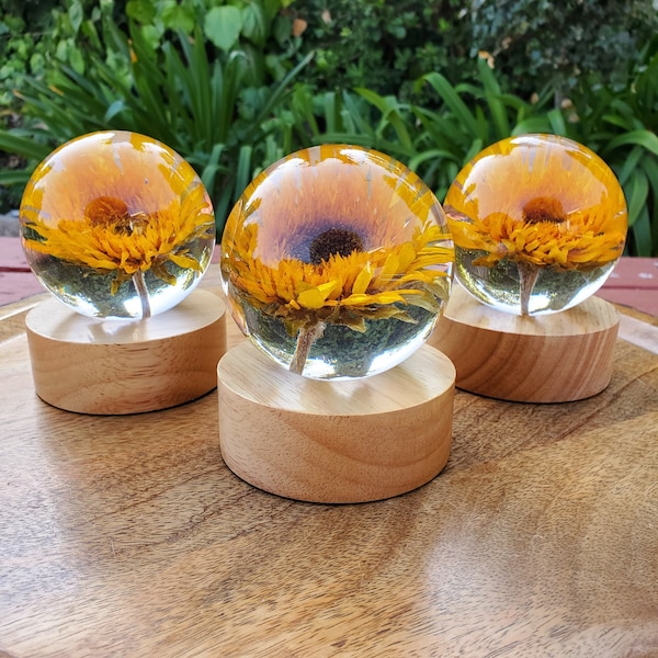 Sunflower Resin Sphere with Light Base | Handmade Resin Craft with Real Sunflower Inside - Home Décor Night Light, Accent Lighting