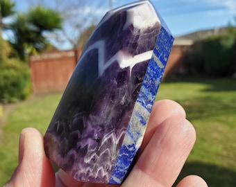 2-in-1 Lapis Lazuli & Dream Amethyst Tower - Speak Your Truth, Power, Divine Love, Energetic Protection, Intuition - Multi Crystal Point