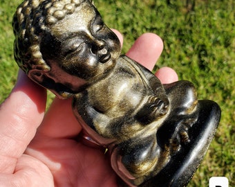 Chunky Gold Sheen Obsidian Buddha - Self Reflection, Release Negative Energies - 4" Obsidian Carved Buddha Healing Gemtstone