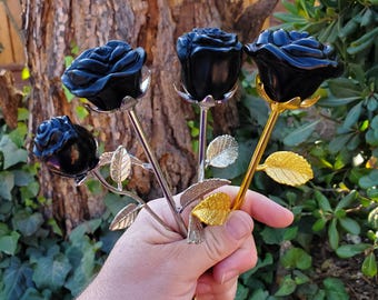 Black Obsidian Long Stem Rose - Self Reflection, Release Negativity, Increase Positivity - Crystal Rose Bud with Silver or Gold Stem