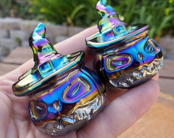 Aura Obsidian Pumpkin with Witch Hat - Self Reflection, Release Negative Energies - Aura Pumpkin Carving Healing Crystals Halloween
