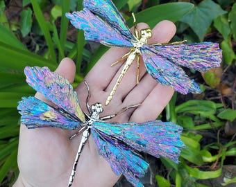 Aura Kyanite Dragonfly on Metal Body - Calming, Clarity, Connection, Communication, Balances Chakras - Kyanite Crystal Dragonfly Statement