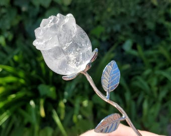 Small Clear Quartz Rose on Metal Stem - Master Healer, Counteracts Negativity, Energizes Positive Energy - Cute Rose Crystal Healing Stone