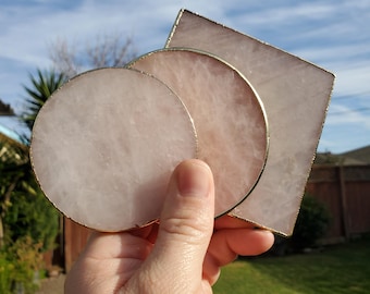 Rose Quartz Plate with Gold Edge - Unconditional Love, Compassion, Kindness - Crystal Plate Coaster Crystal Display Vanity Office Home