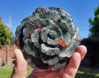 Big African Bloodstone Rose - Calming, Grounding, Persistence, Courage - Black and Red Crystal Flower Carving Statement or Paperweight