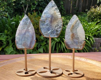 Blue Fluorite Flame on Stand - Mental Clarity, Calm, Emotional Balance, Clears Negativity, Stay Present - Fluorite Crystal Healing Gemstone