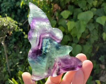 Rainbow Fluorite Fairy - Mental Concentration, Energetic Protection, Positivity - Standing Fluorite Carved Crystal Fairy Healing Gemstone