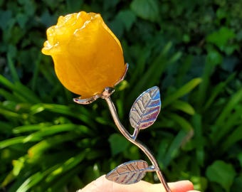 Small Golden Healer Rose on Silver Stem - Balance, Power, Energizing, Grounding - Cute Crystal Flower Display Healing Gemstone