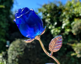 Small Blue Glass Rose on Stem - Confidence, Intuition, Rebirth, Guides Us To Our Purpose - Flower Bud Carving Statement Stone Garden Stake