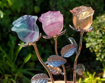Small Rainbow Fluorite Crystal Rose on Stem - Mental Clarity, Positivity, Energetic Protection - Stone Rose Healing Crystals Gemstones