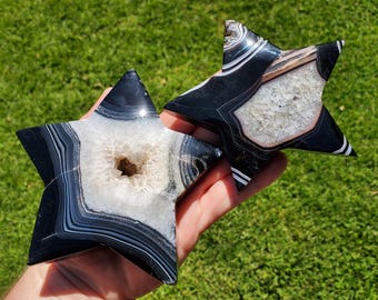 Chunky Black Agate Star - Grounding, Protection, Peace, Centering, New Beginnings - Banded Agate Crystal Star Carving Healing Gemstone