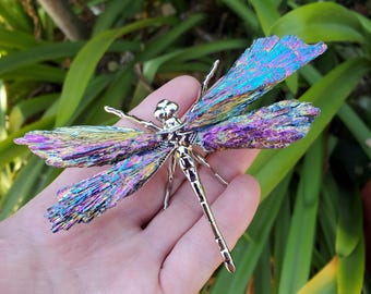 Aura Kyanite Dragonfly on Metal Body - Calming, Clarity, Connection, Communication, Balances Chakras - Kyanite Crystal Dragonfly Statement