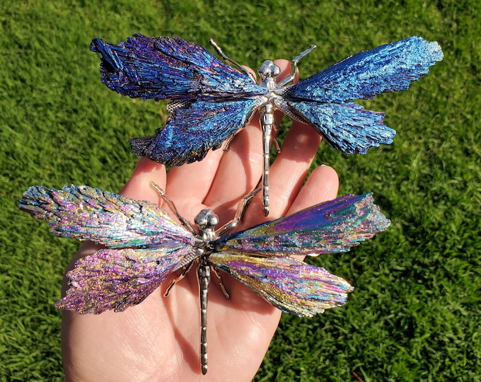 Featured listing image: Aura Kyanite Dragonfly on Metal Body - Calming, Clarity, Connection, Communication, Balances Chakras - Kyanite Crystal Dragonfly Statement