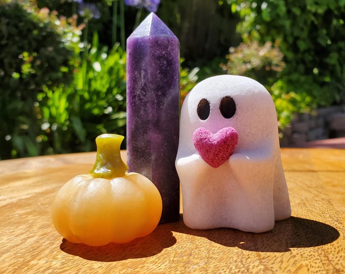 Featured listing image: Cute Halloween Crystal Set - White Jade Ghost w/ Ruby Heart, Orange Calcite Pumpkin & Lepidolite Tower - Peace, Passion, Confidence, Calming