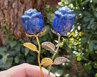 Lapis Lazuli Rose on Metal Stem - Speak Your Truth, Communication, Personal Power - Lapiz Crystal Flower Stone Healing Gemstone