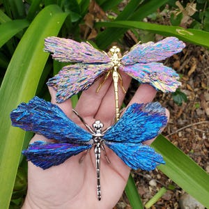 Aura Kyanite Dragonfly on Metal Body - Calming, Clarity, Connection, Communication, Balances Chakras - Kyanite Crystal Dragonfly Statement