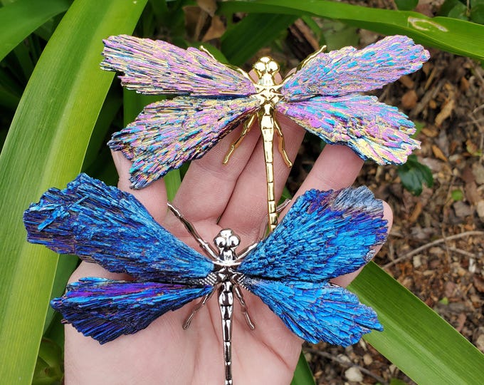 Featured listing image: Aura Kyanite Dragonfly on Metal Body - Calming, Clarity, Connection, Communication, Balances Chakras - Kyanite Crystal Dragonfly Statement