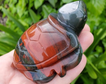 Chunky African Bloodstone Turtle - Calming, Grounding, Persistence, Courage - Black and Red Crystal Turtle Carving Healing Gemstone