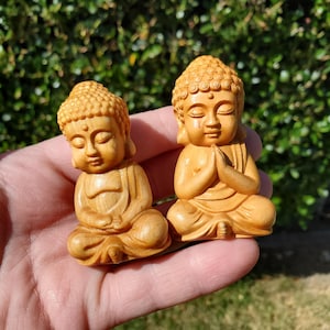 May include: Two small, light brown wooden Buddha figurines. One figurine sits with hands resting in a lap, while the other sits with hands pressed together in a prayer position. Both figures feature detailed carved hair, closed eyes, and robes.
