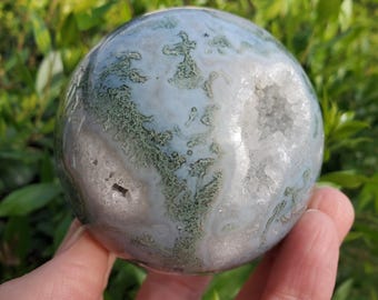 Moss Agate Druzy Sphere - Grounding, Reflection, New Beginnings - Green Agate Crystal Ball Healing Crystal Gemstone