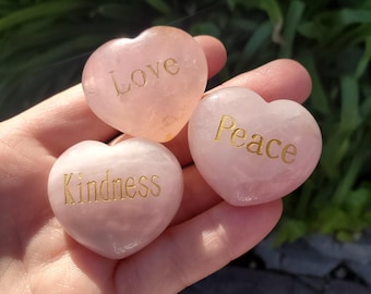 Rose Quartz Heart with Gold Engraving - Unconditional Love, Compassion, Self Love - Cute Pink Conversation Heart & Motivational Crystal