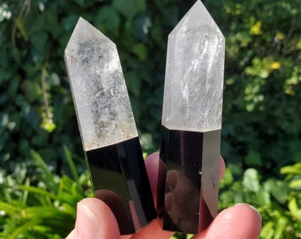 Clear Quartz & Obsidian Tower - Energetic Protection, Reflection, Cleansing, Magnify Intentions - Crystal Point Generator Healing Gemstones