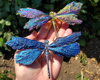 Aura Kyanite Dragonfly on Metal Body - Calming, Clarity, Connection, Communication, Balances Chakras - Kyanite Crystal Dragonfly Statement