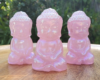Aura Rose Quartz Buddha - Unconditional Love, Compassion, Forgiveness - 3.15" Pink Crystal Sitting Buddha Healing Crystals Gemstones