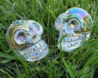Aura Glass Skull - Helps Release Anger and Negativity - 1.7" Crystal Skull 3D Carving Halloween Spooky Scary Skeleton Decor