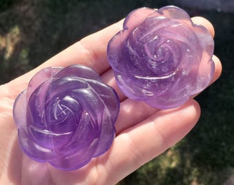 Purple Fluorite Flower - The Dream Crystal, Mental Concentration, Clears Negativity - Fluorite Crystal Rose Carving Healing Gemstones