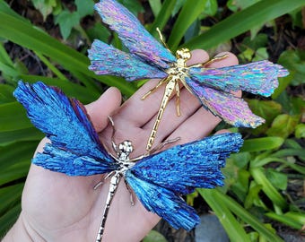 Aura Kyanite Dragonfly on Metal Body - Calming, Clarity, Connection, Communication, Balances Chakras - Kyanite Crystal Dragonfly Statement
