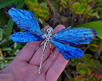 Aura Kyanite Dragonfly on Metal Body - Calming, Clarity, Connection, Communication, Balances Chakras - Kyanite Crystal Dragonfly Statement