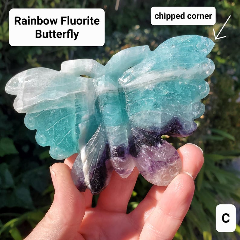May include: A carved rainbow fluorite butterfly sculpture. The butterfly features a mix of colors, including shades of blue, purple, and white. The text "Rainbow Fluorite Butterfly" is displayed in a white box. The corner of the butterfly wing is chipped.