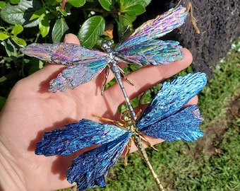 Aura Kyanite Dragonfly on Metal Body - Calming, Clarity, Connection, Communication, Balances Chakras - Kyanite Crystal Dragonfly Statement