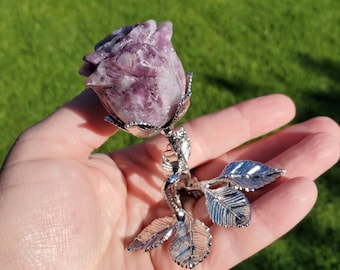 Standing Lepidolite Flower with Silver Stem - Helps You Through Change, Anti-Anxiety, Calming - Purple Flower Carving Healing Stone