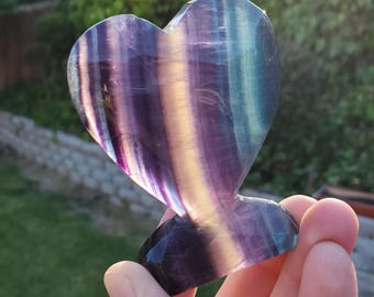 Rainbow Fluorite Standing Heart - Mental Concentration, Energetic Protection, Positivity - Fluorite Carved Crystal Heart Healing Gemstone