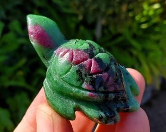 Small Ruby Zoisite Turtle with UV reactive Ruby - Courage, Strength, Connects Our Hearts and Brain - Ruby Turtle Carving Healing Gemstone