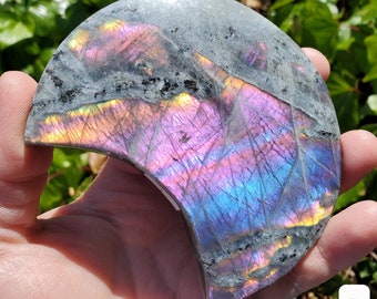 Flashy Labradorite Moon on Stand - Awareness, Connection, Intuition - Rainbow Flash Lab Stone Healing Statement Crystal Display