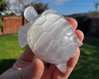 Cute Selenite Turtle - Tranquility, Blessings, Love & Light - Satin Spar Selenite Carved Turtle Healing Stone Crystals
