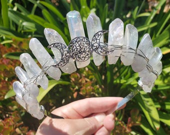 Aura Quartz Crown with Silver Moon Phase - Magnifies Your Intention, Counteracts Negative, Energizes Positive Energy - Quartz Goddess Crown