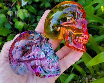 Colored Glass Skull Carving - Helps Release Anger and Negativity - 2.60" Crystal Skull 3D Carving Halloween Decor Spooky Scary Skeleton